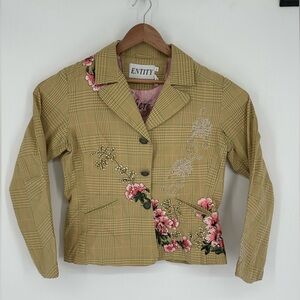 Entity Women’s Sz XL Beige Plaid Blazer Jacket Floral Embroidered Boho Retro P9